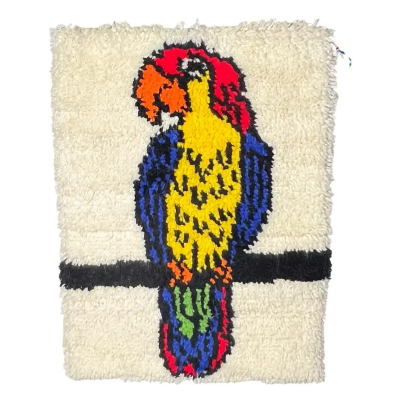 Vintage Parrot Latch Hook Wall Hanging Rug Handmade Rug 1970s Metal Rod Hanger