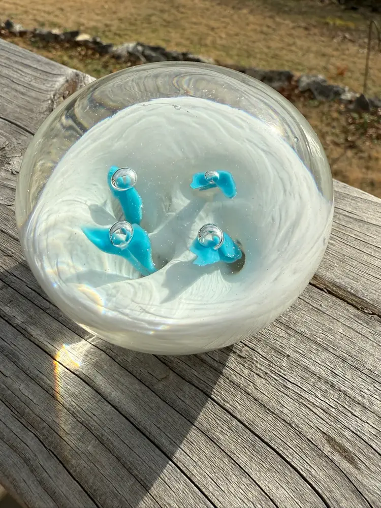 04 Signed Kenneth Marine 1990 Art Glass Paperweight – Turquoise & White Swirl, Silver Dollar City