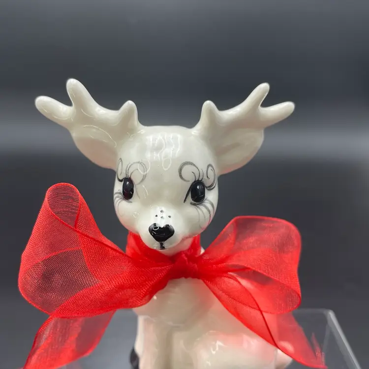 Reindeer Deer Christmas Holiday Figurine Signed Handmade White Ceramic
