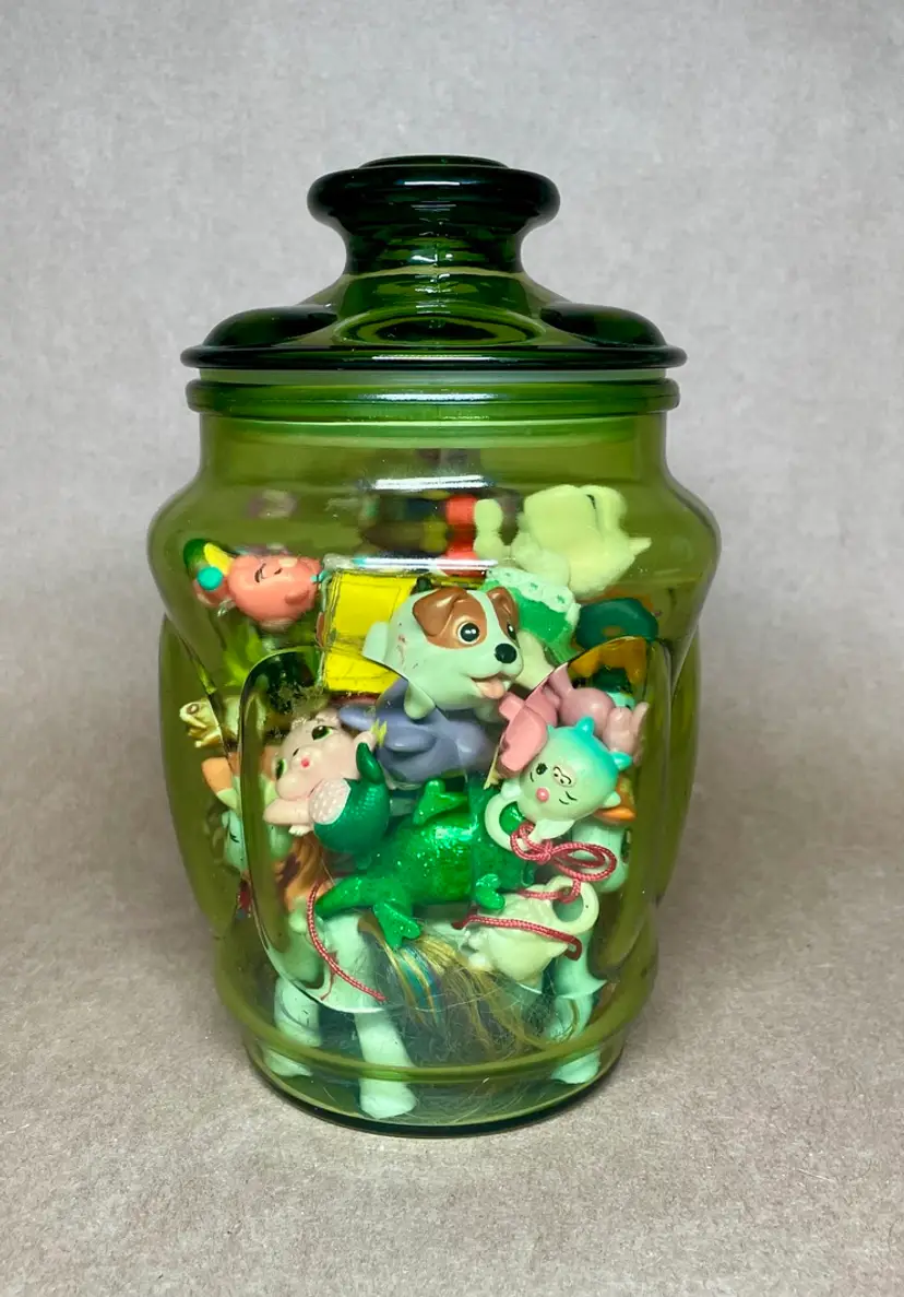 Anchor Hocking Fairfield Avocado Green Glass Apothecary Jar w/Lid and Toys
