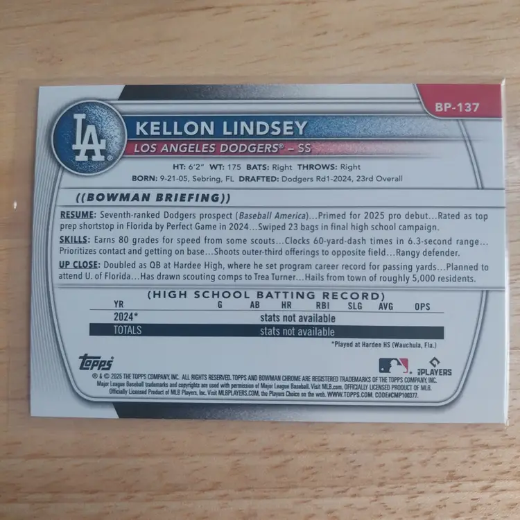 Kellon Lindsey Bowman Prospect. Los Angeles Dodgers.