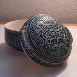 Signed Art Pottery Covered Bowl Teal Blue Glaze Carved Studio Ceramic w/ Leaf Stamp