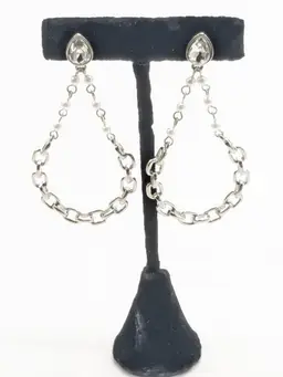 Silver Tone Chain Drop Pierced Earrings Rhinestones Faux Pearls