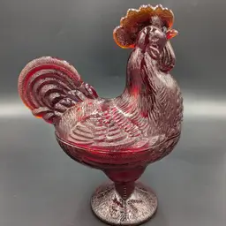 Vintage L.E. Smith Ruby Red Glass Rooster Pedestal Candy Dish