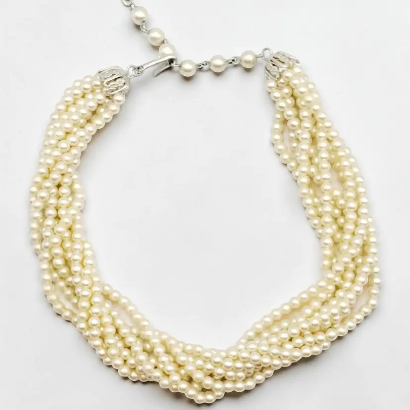 Vtg Faux Pearl Bead Eight 8 Strand Twisted Silver-tone Necklace Japan Short 15"