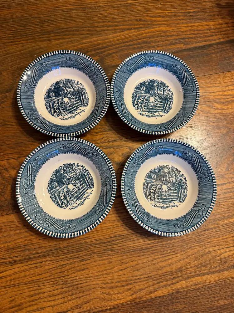 Vintage Blue Transferware Berry Bowls – Set of 4 • 5.5” Small Bowls • Pastoral Scene • Cottagecore Farmhouse Kitchen Decor