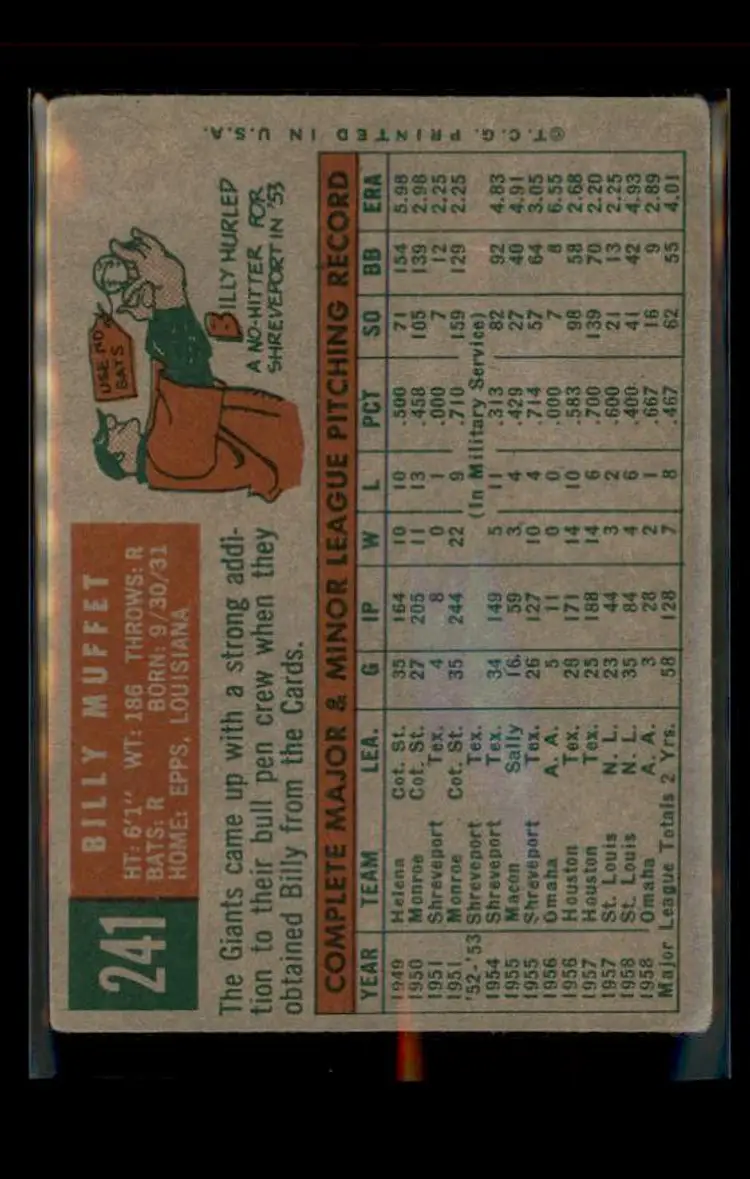 1959 Topps #241b Billy Muffett - (pk4) - San Francisco Giants