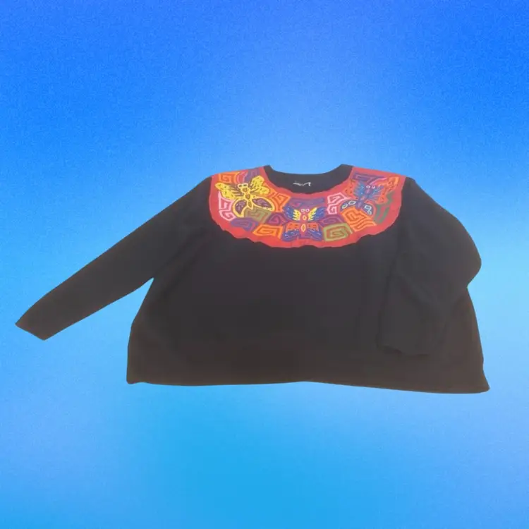 VTG Colorful Butterfly Mola Art Women Black Sweatshirt 2X (18W/20W)