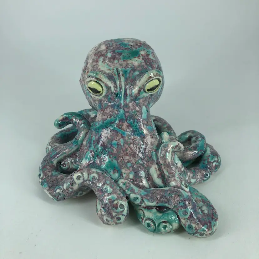 Hand-Crafted Pottery Blue & Purple Octopus Figurine Signed Bactin
