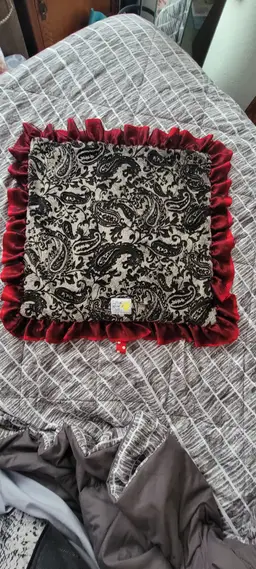 Little Yellow Chick Baby Lap Blanket Black And Red Paisley Satin Ruffle 24 X 24"
