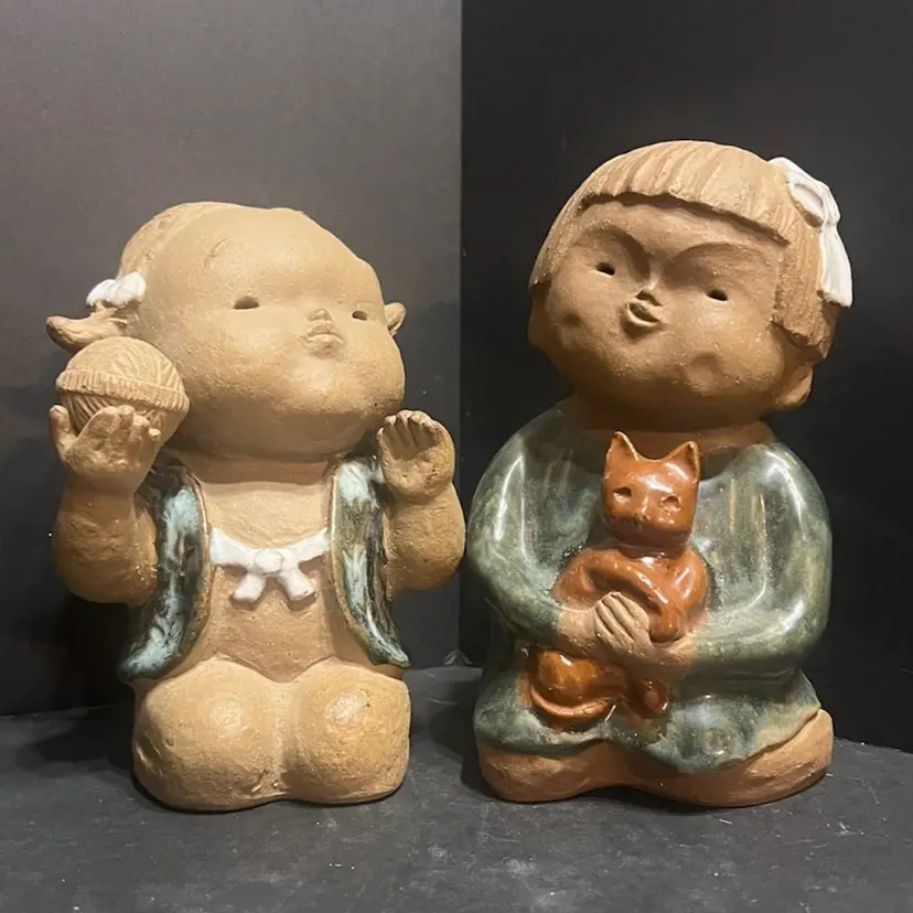 MARKDOWN! Pair of Children Ceramic Sculptures, Japan