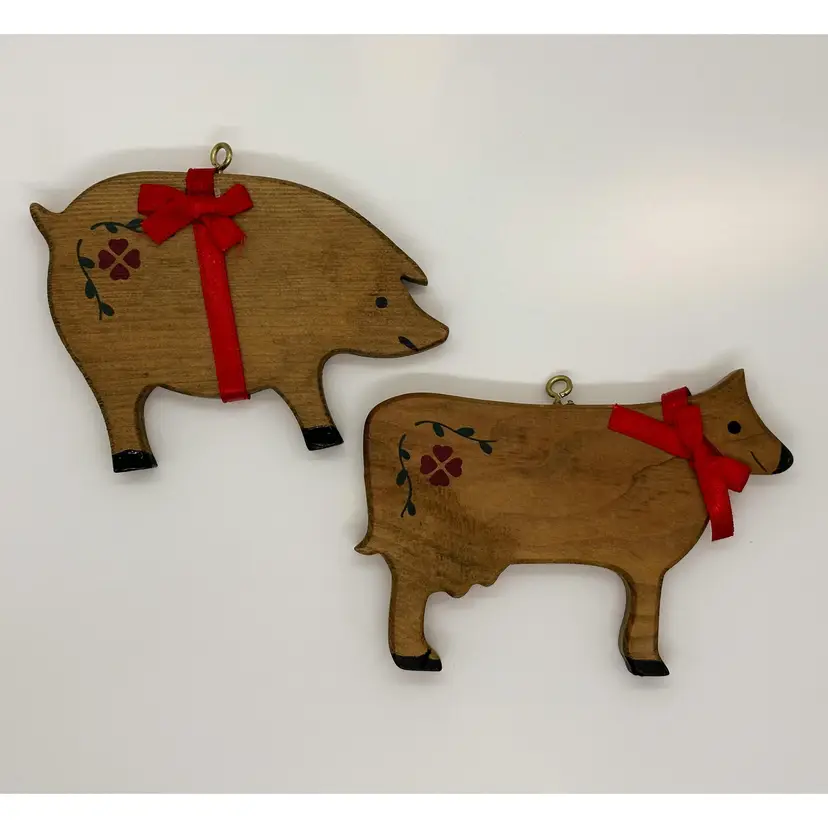 Vintage Wood Ornament Set Farm Animals Pig Cow Folk Country Primitive Western Rustic