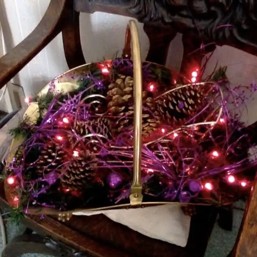 Vintage Christmas Brass Fireside Basket with Purple Christmas Decor and Lights.     $40