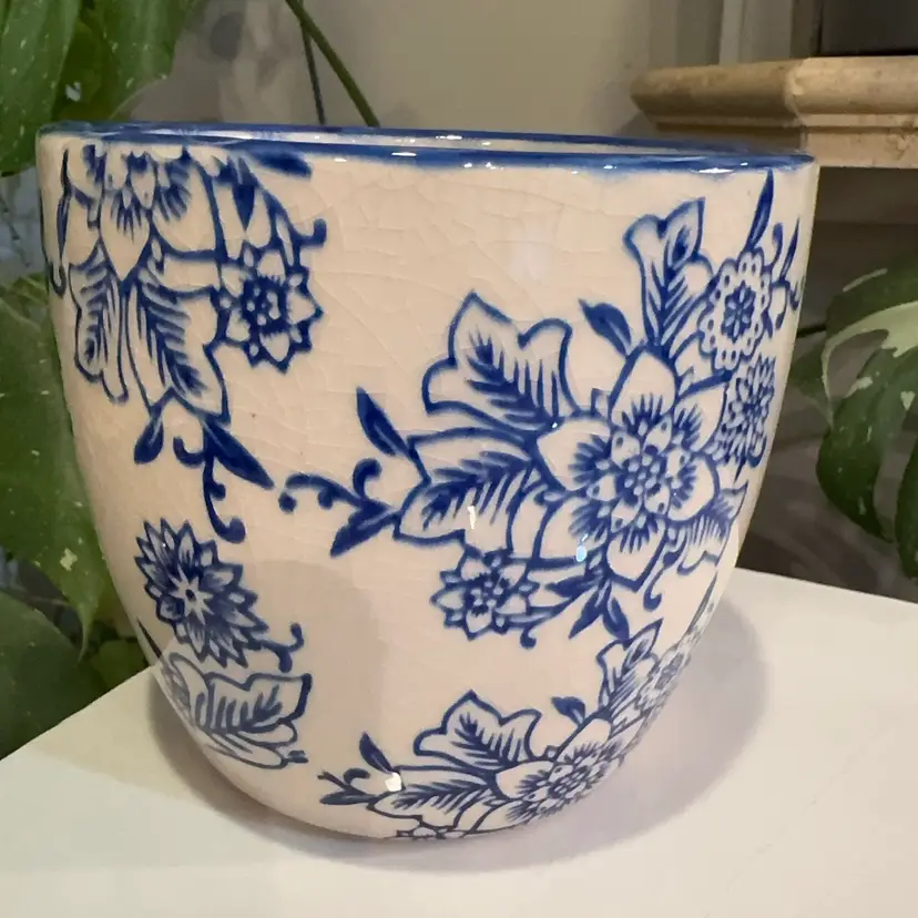 Blue And Cream Floral Planter