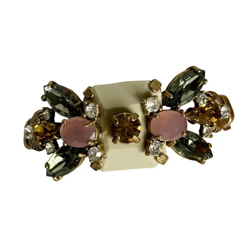 J Crew Jeweled Bracelet Aged Brass Look With Pink Oval•Smoky Marquee• Amber Pear Shaped Rhinestones 6”