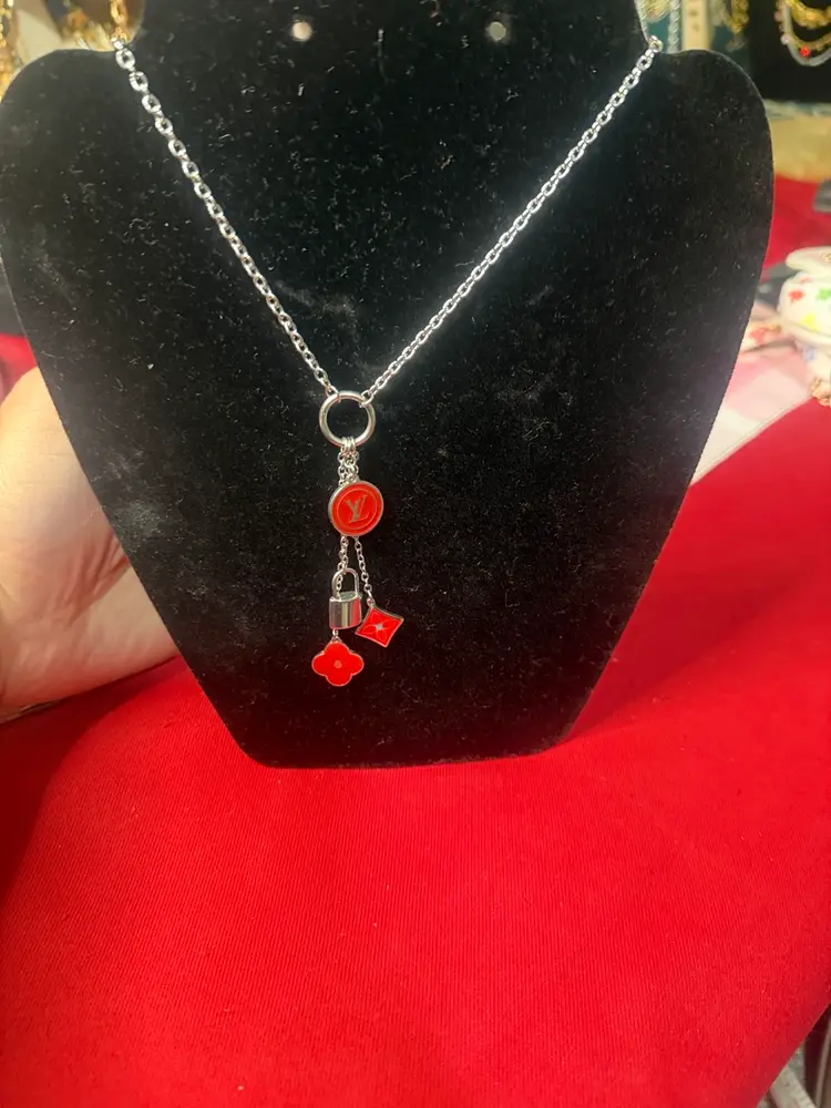 18k gold plated stainless steel waterproof  Silver and Red Pendant Necklace