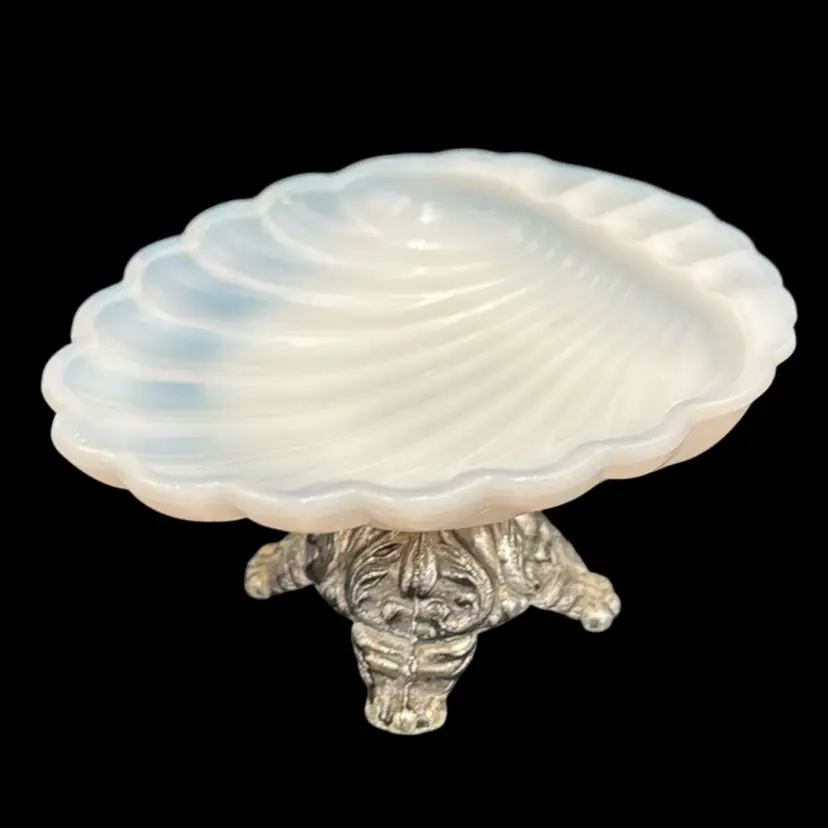 Soap Dish, Jewelry Holder, Vintage White Milk Glass Applied Beers Footed Compote