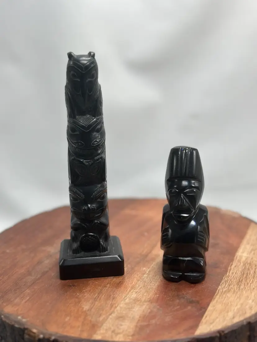 Vintage 2 Aztec Tiki Mayan Figurative Art Sculptures Black