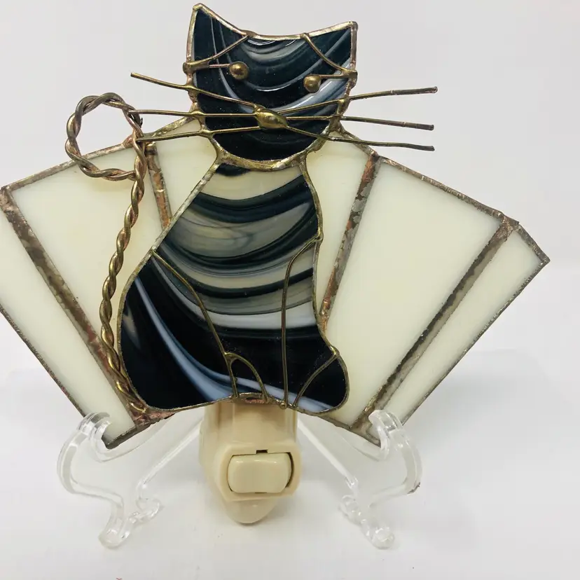 Black and White Stained Glass Kitty Cat Night Light