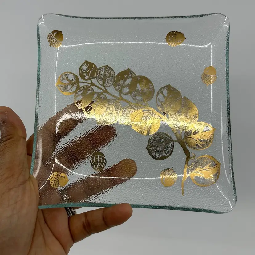 Vintage 50s Mid Century Gay Fad Frosted Glass Plate with Gold Acorn