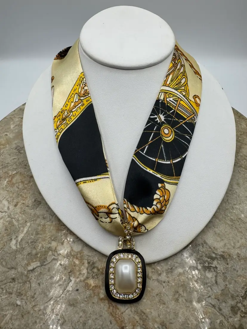 Vintage Rhinestone & Faux Pearl Gold Tone Enhancer On A Modern Twilly