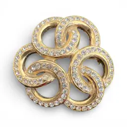 Vintage Matte Goldtone Infinity Knot Pave Set Faceted Glass Brooch 2”