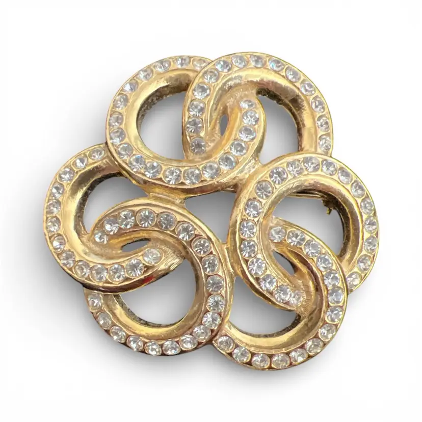 Vintage Matte Goldtone Infinity Knot Pave Set Faceted Glass Brooch 2”