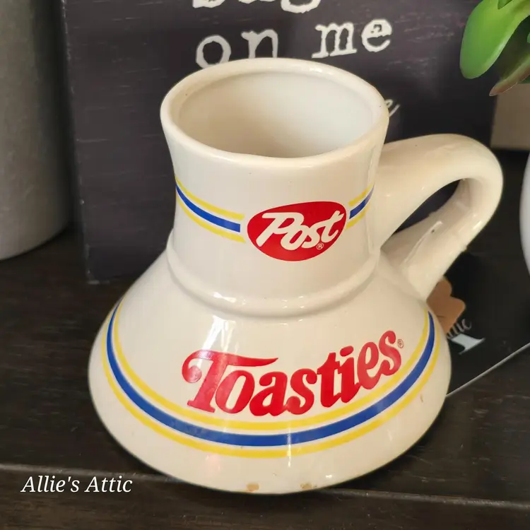 Vintage Post Toasties Cereal Promo Wide Bottom Coffee Mug Cup Blue Yellow Red