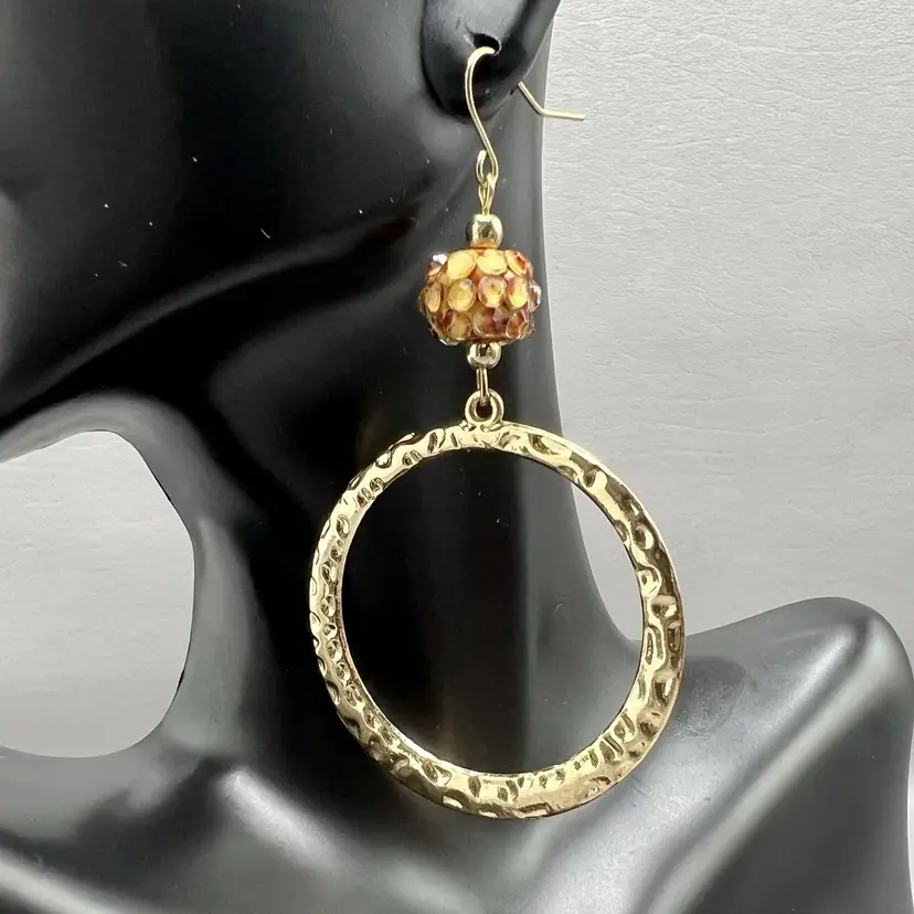 Gold Tone Hammered Hoop Dangle Earrings Orange Bead Charm 2.5" Drop Chic