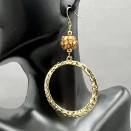 Gold Tone Hammered Hoop Dangle Earrings Orange Bead Charm 2.5" Drop Chic
