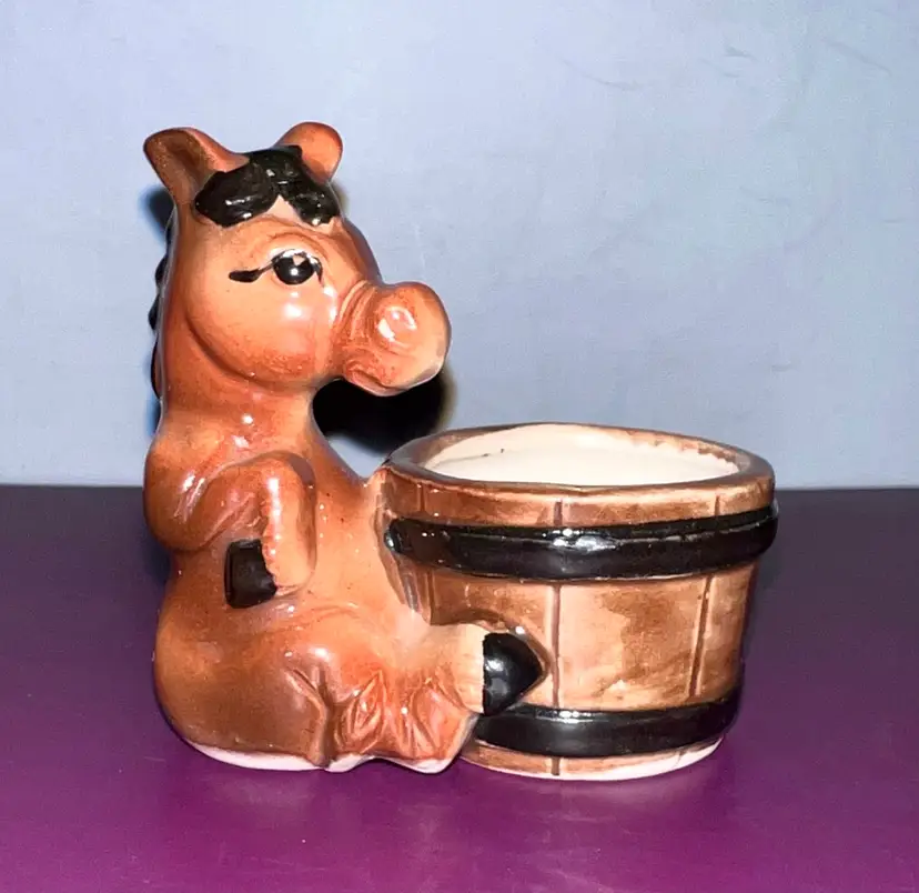 Vintage 1960’s Donkey And Bucket Ceramic Toothpick Holder 3”