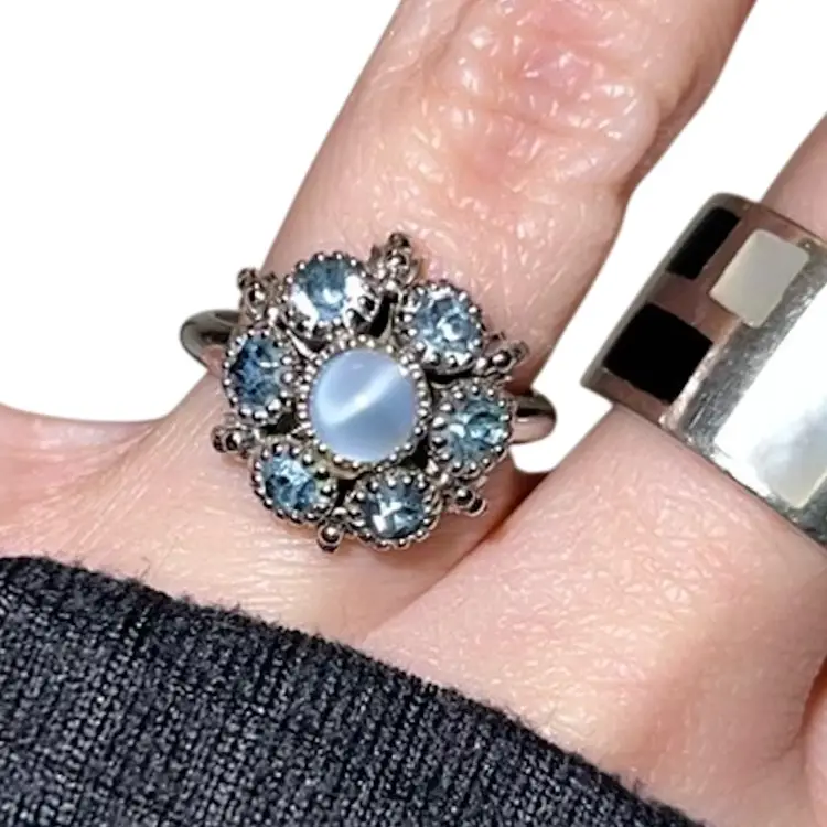 Vintage 1970s Avon Moon Magic Silvertone Ring Blue Rhinestones Faux Moonstone Size 5
