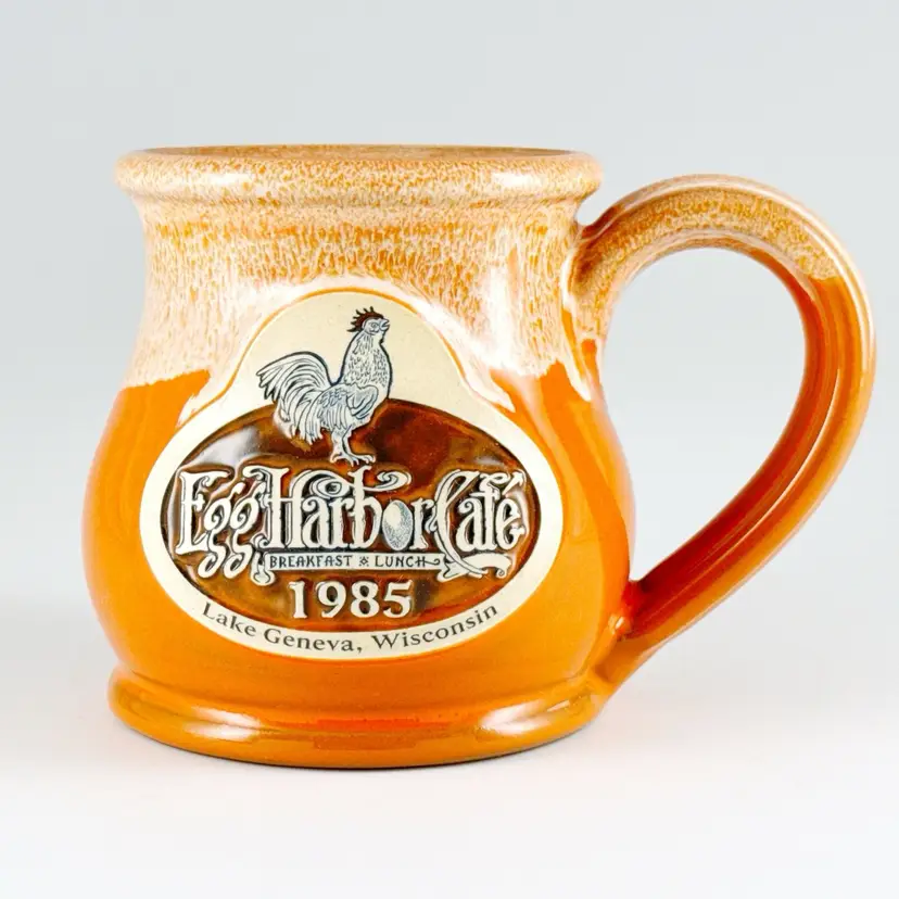 Deneen Pottery Egg Harbor Cafe Rooster Mug, Handmade Orange Drip Glaze Coffee Cup, Lake Geneva WI