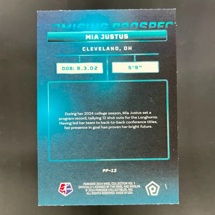Mia Justus 2024 Parkside NWSL Promising Prospects Red /30 Soccer Card