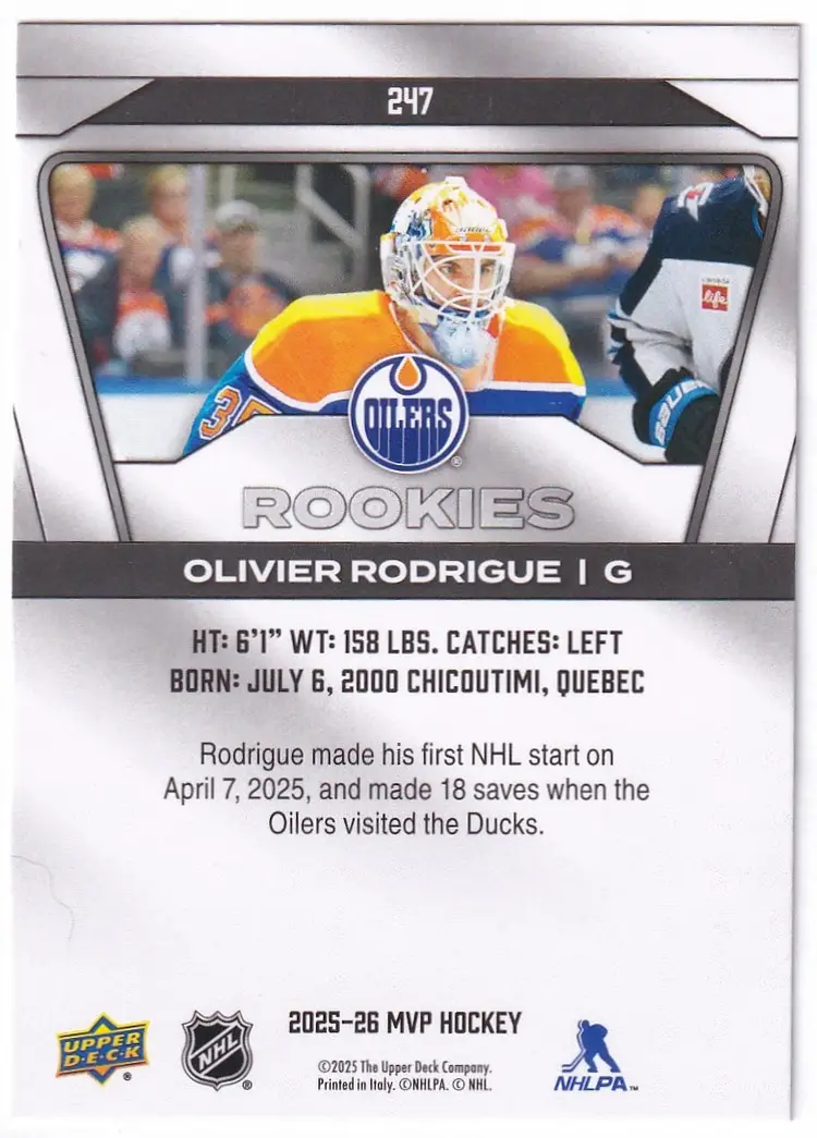 2025-26 Upper Deck MVP #247 Olivier Rodrigue SP RC Edmonton Oilers Hockey Card