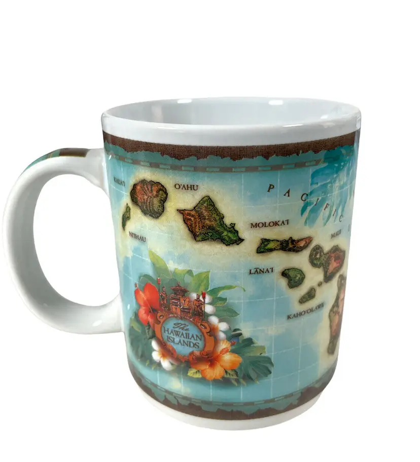 Hawaii Coffee Cup Mug Islands Flowers Tea Souvenir Vintage Map