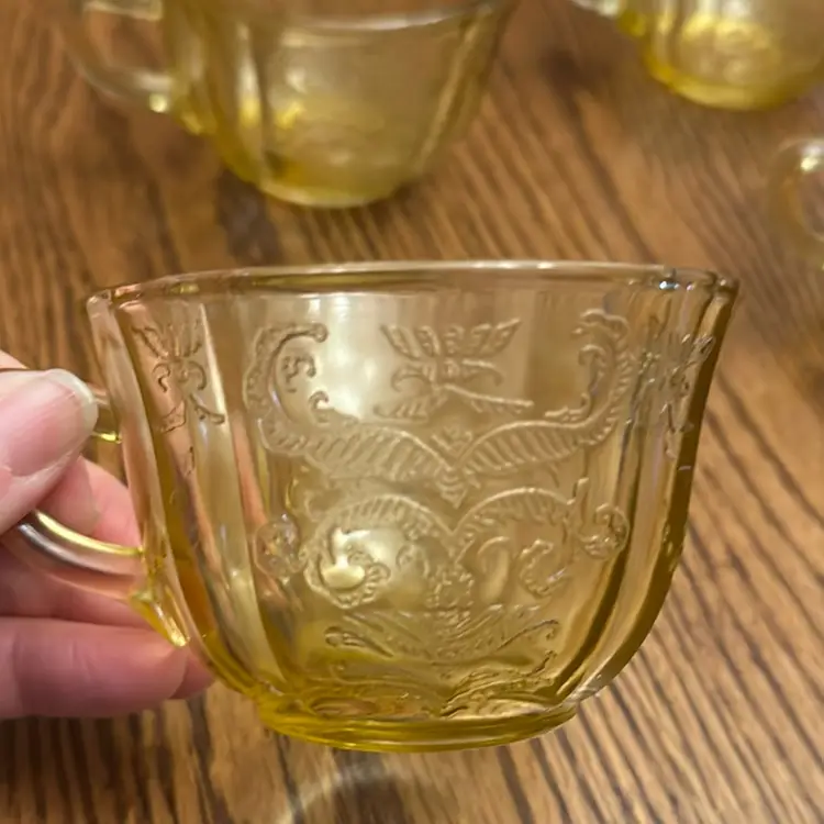 Federal Glass Depression Glass Yellow Amber Madrid Coffee Teacups Set of 4