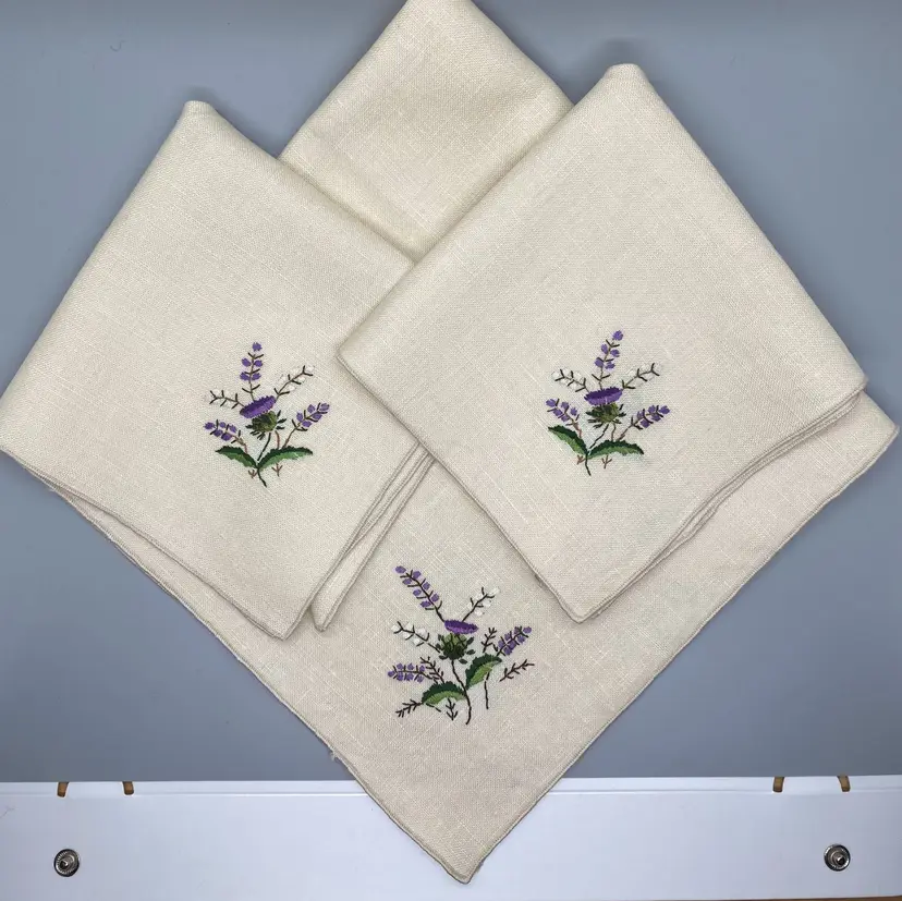 Vintage Linen Embroidered Purple Scottish Thistle Tea Napkins & Tray Cover