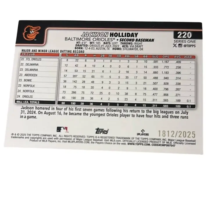 Jackson Holiday 2025 Topps Series One Gold Future Stars 1812/2025