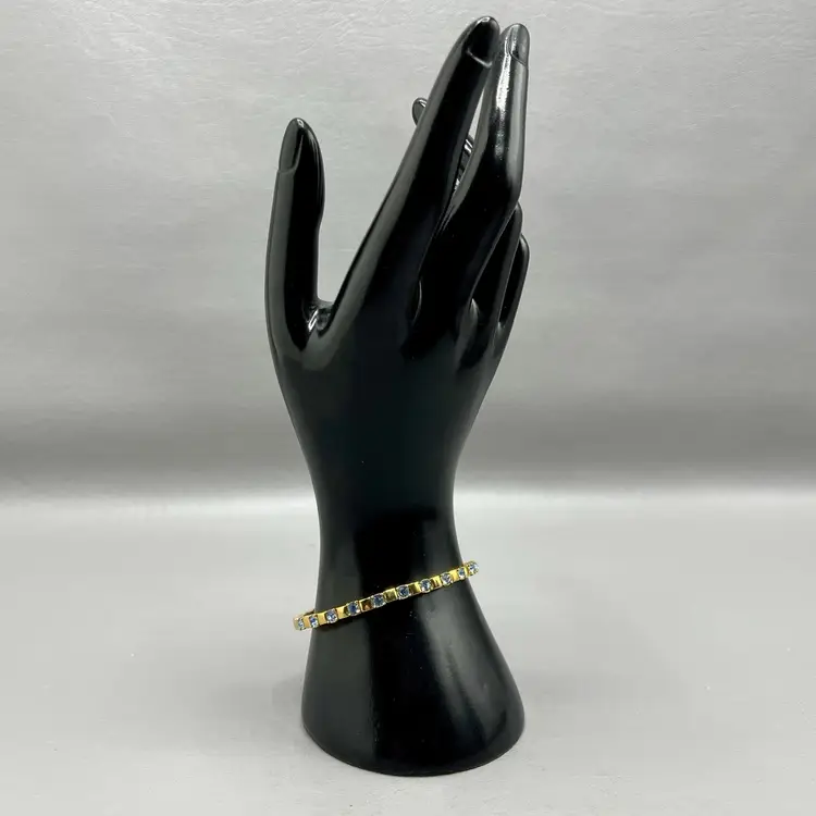 Vintage Gold Tone Flex Cuff Bracelet Blue Crystals Signed JR Joan Rivers Jewelry