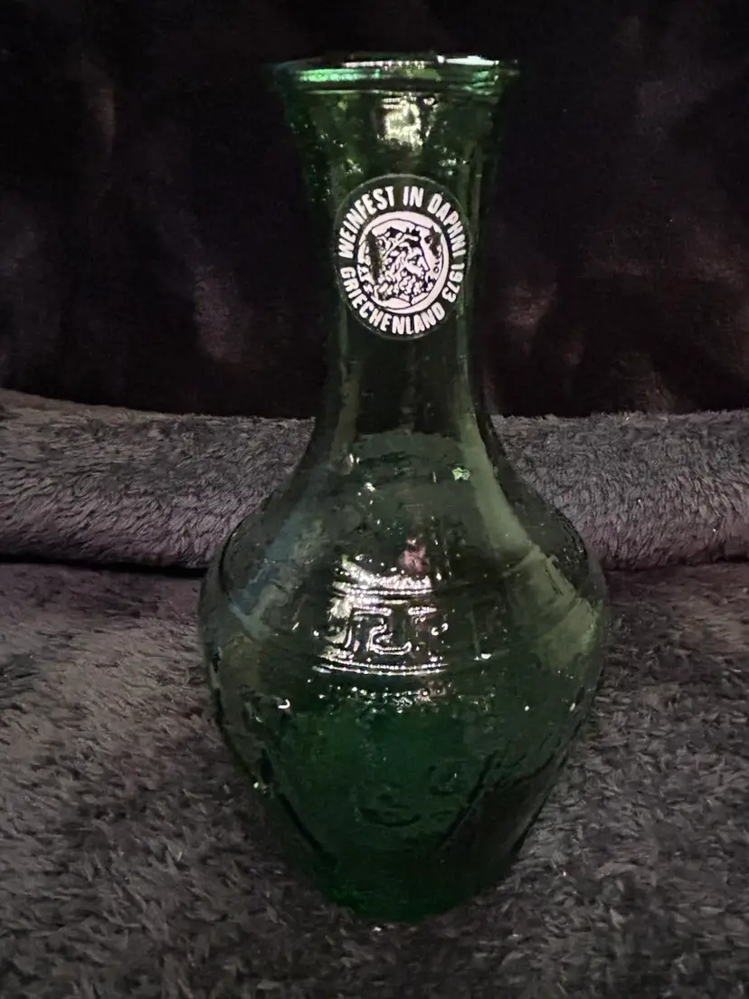 Vintage Weinfest in Daphni 1973 Griechenland Green Glass Bottle