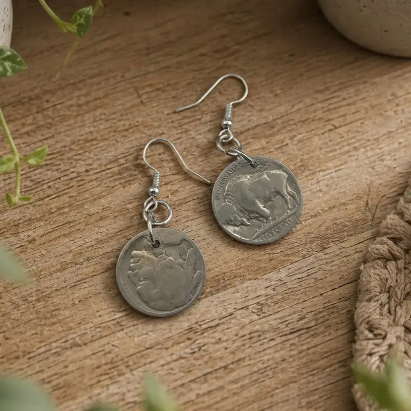 #J42 - Vintage Buffalo Nickel Coin Charm Earrings - 1.75”