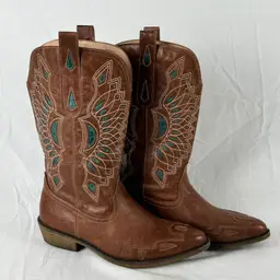 Brown Western Cowboy Boots with Turquoise Inlay Bandalero Men’s Sz 10
