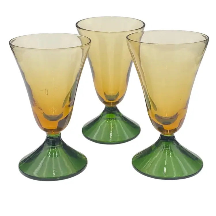 Set of 3, Amber Glass & Green Glass Pedestal Small Cordial Glasses, 3"