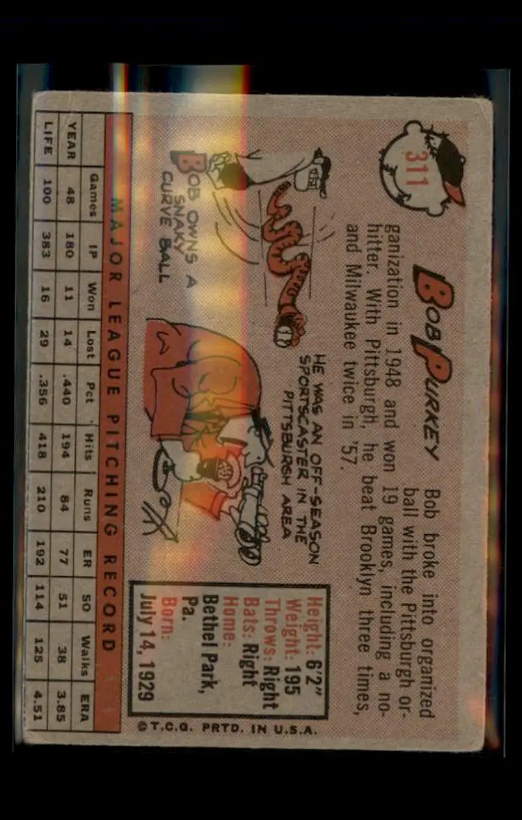 1958 Topps #311 Bob Purkey - (pk4) - Cincinnati Redlegs