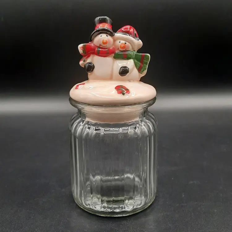 Christmas Snowman Couple Small Canister Ceramic & Glass
