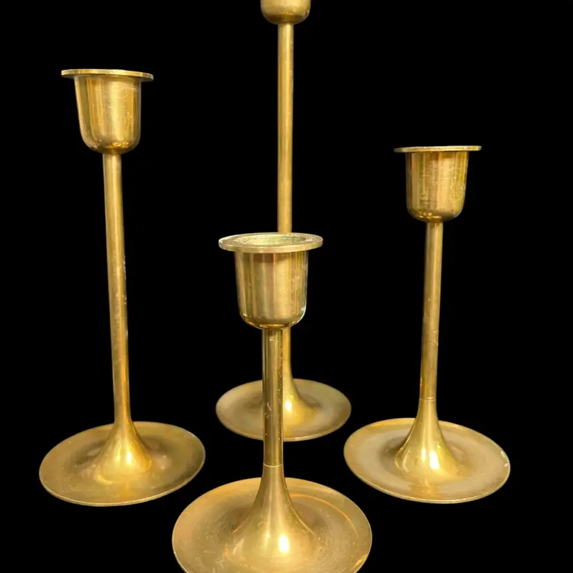 4 Vintage Brass Staggered Tapered Candle Holders