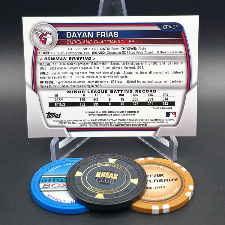 Dayan Frias Auto 2023 Bowman Baseball Chrome Prospects Autographs Blue Lunar Crater Parallel 1st Bowman On Card Auto Numbered 83/150 Card #CPA-DF Cleveland Guardians