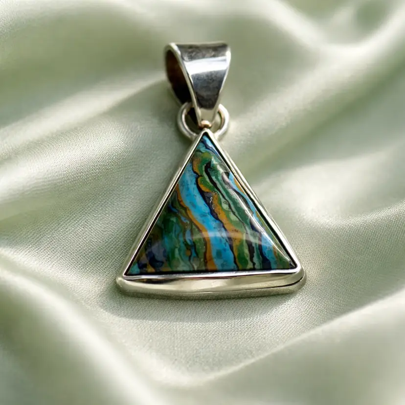 Sterling Silver Handcrafted Triangular Pendant w Rainbow Calsilica Gem, 1.2"