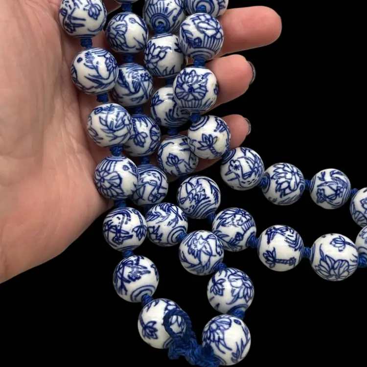 Vintage Blue and White Porcelain Bead Necklace – 32” Hand-Painted Chinoiserie Style Strand